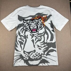 Members Only Shirt Men M White Tiger Flames Tee‎ Graphic Fire Cat Back Print